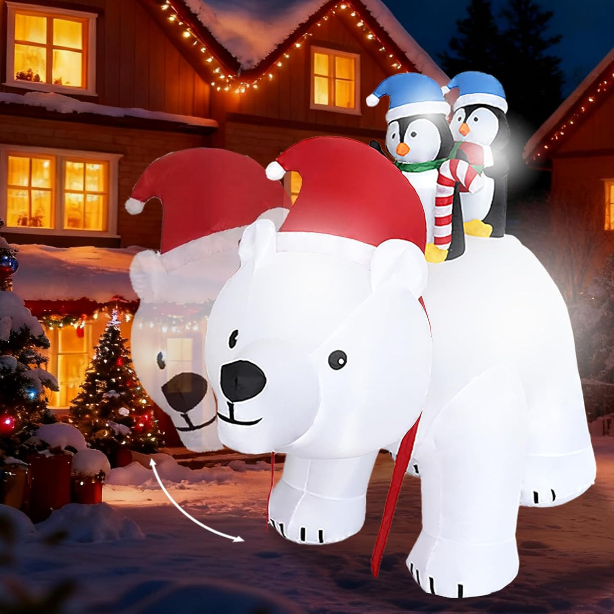 6.5 ft Inflatable Penguins Riding Polar Bear, Christmas outdoor decoration