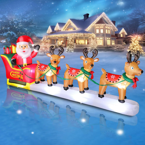 12 ft Cute Inflatable Santa Sleigh with Three Reindeer, Christmas outdoor decoration