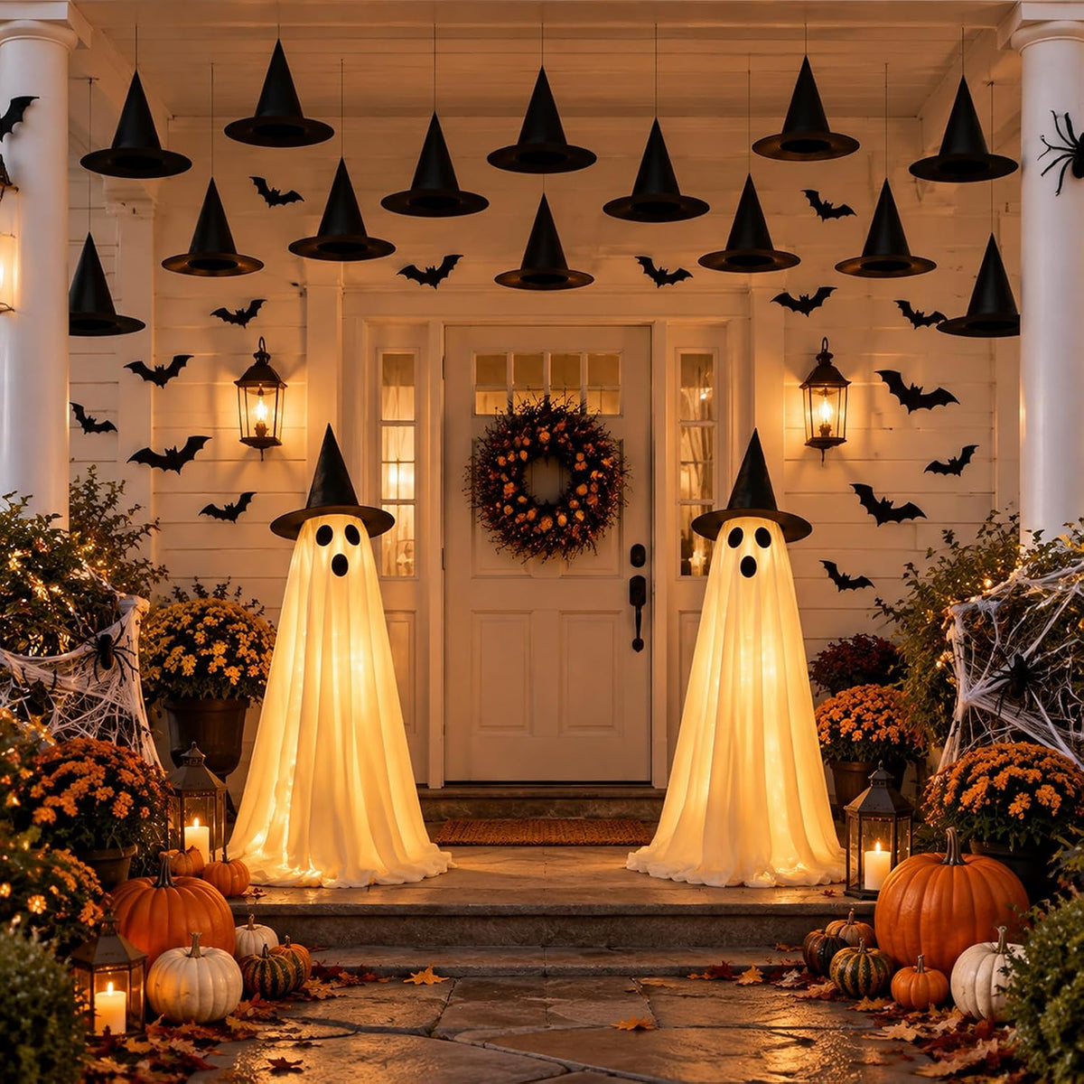 Skylety 30 Pcs Halloween Light up Ghosts with Hanging Witch Hats and Bats / Halloween Outdoor Decorations, 2